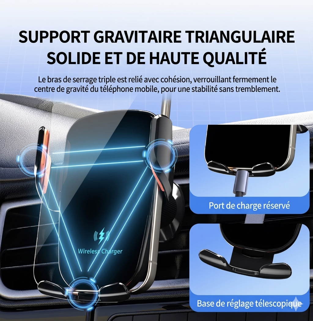 Support de téléphone intelligent à Induction pour voiture, 15W, charge rapide, adapté au tableau de bord, pare-brise, sortie d'air, fournitures automobiles universelles