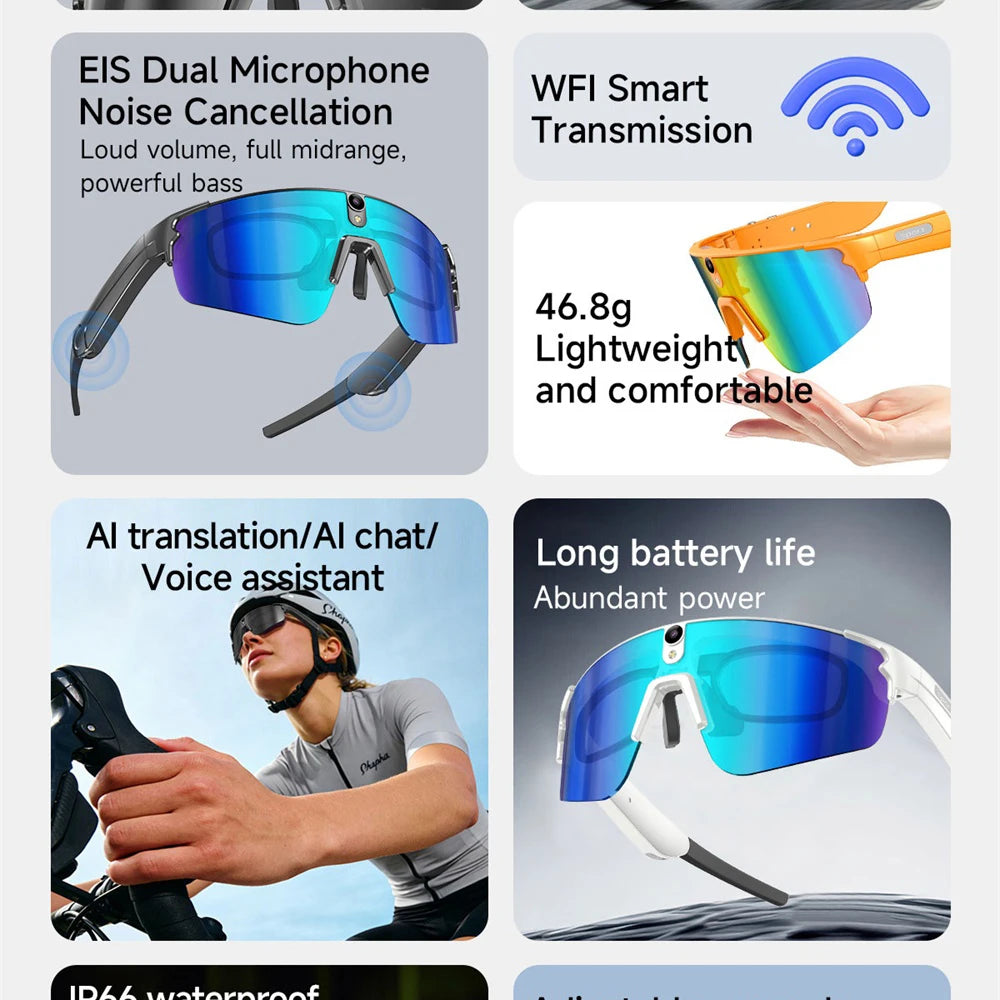 Lunettes Connectées Cyclisme AI 4K – Caméra HD, Appel Bluetooth, Anti-Vibration & Protection UV
