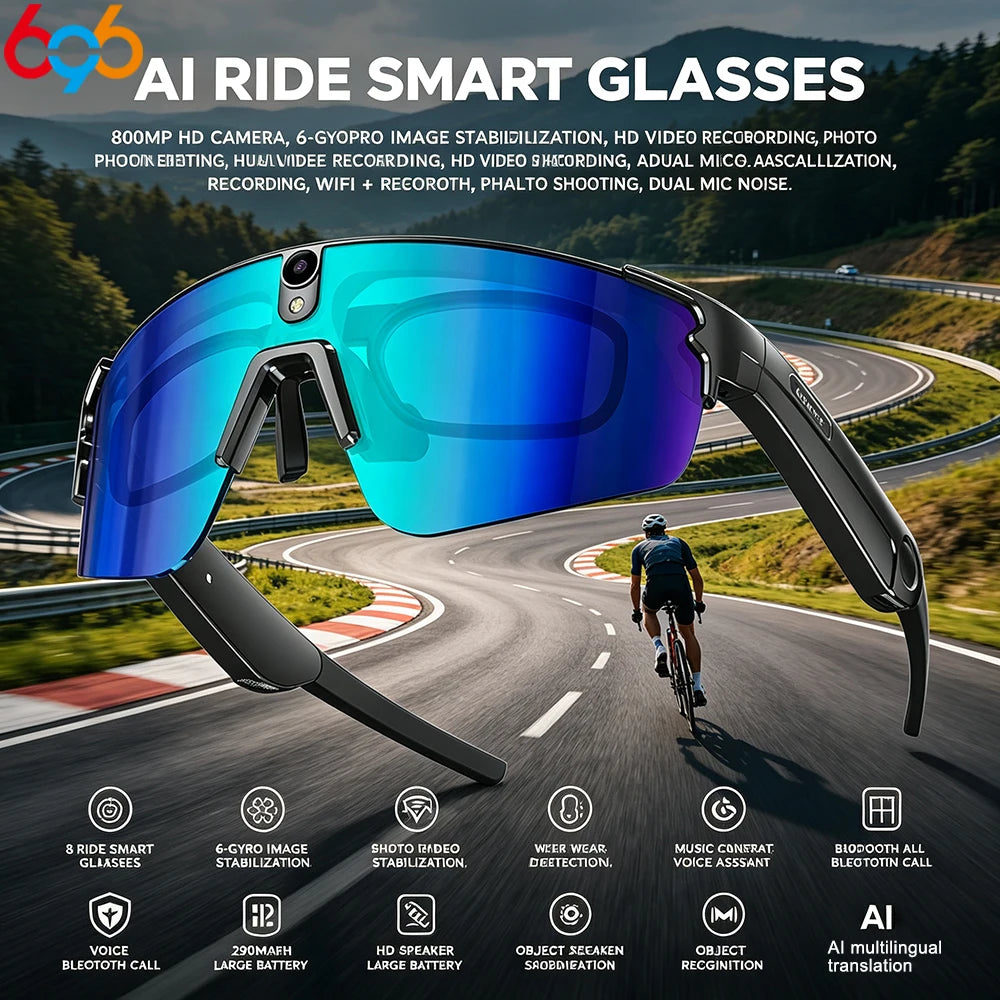 Lunettes Connectées Cyclisme AI 4K – Caméra HD, Appel Bluetooth, Anti-Vibration & Protection UV